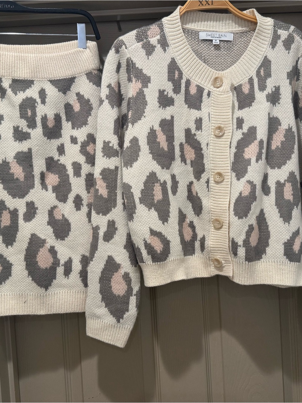 Sweet Rain Cream Leopard Print Button Cardigan with Pink and Gray Spots